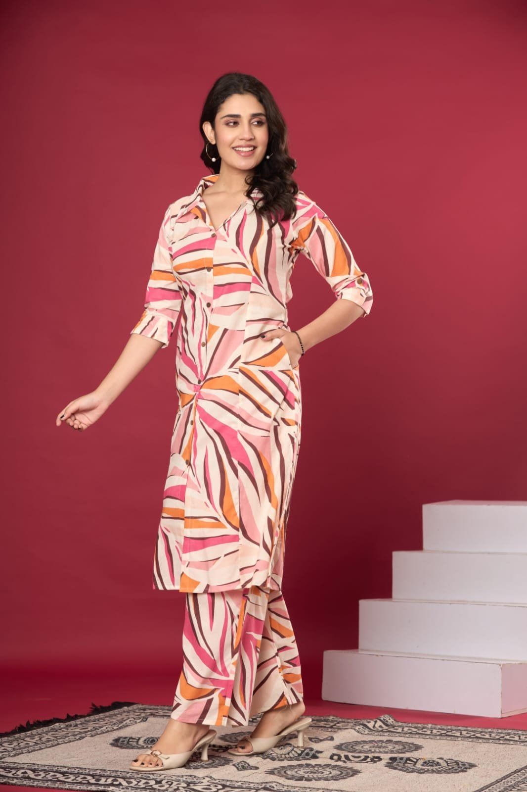 Abstract Leaf Printed Shirt Style Cotton Co-Ord Set with Side Pocket | The Kurti Shop view 6