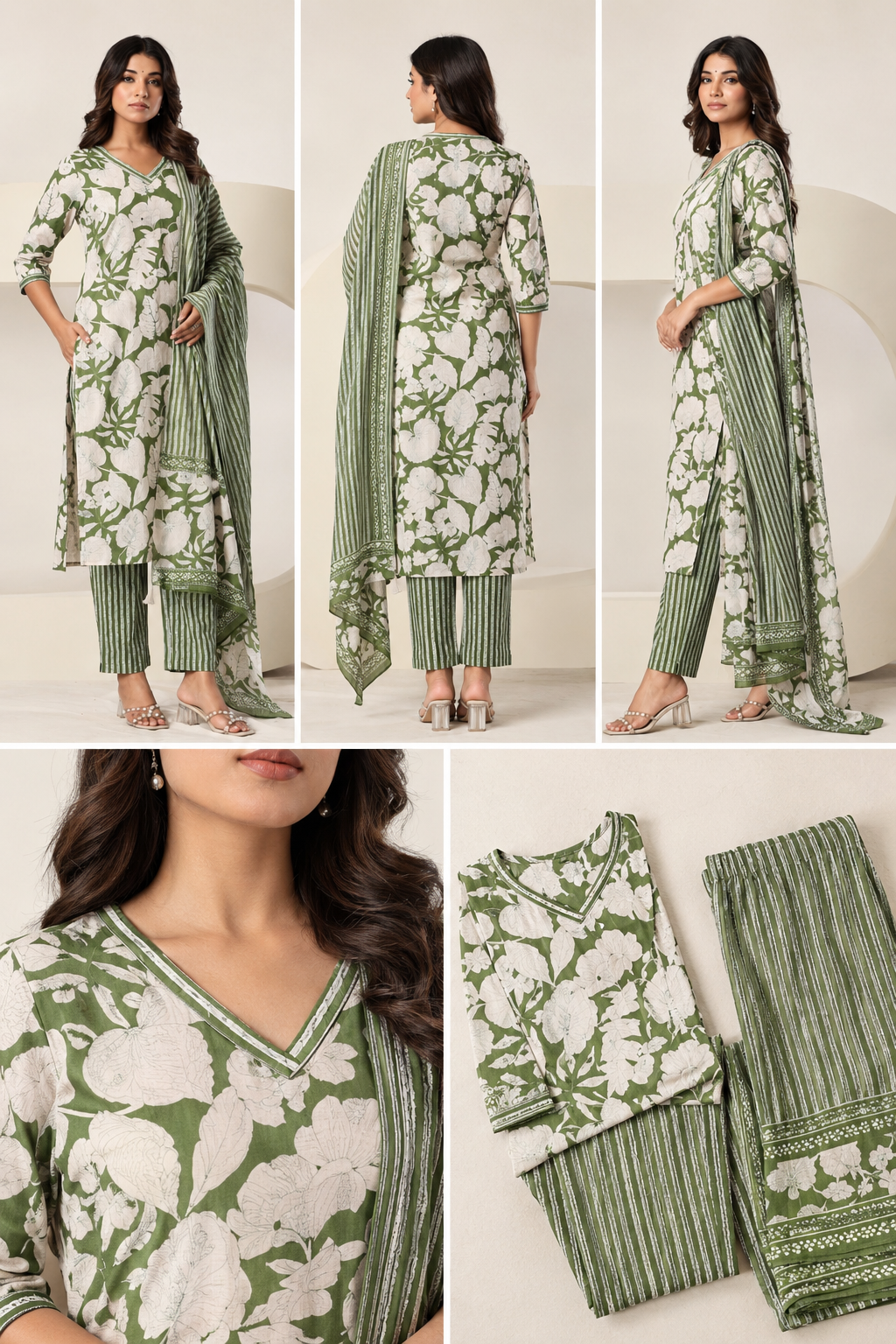 Green Floral Printed 3 Piece Kurta Set with Striped Pant & Dupatta view 2