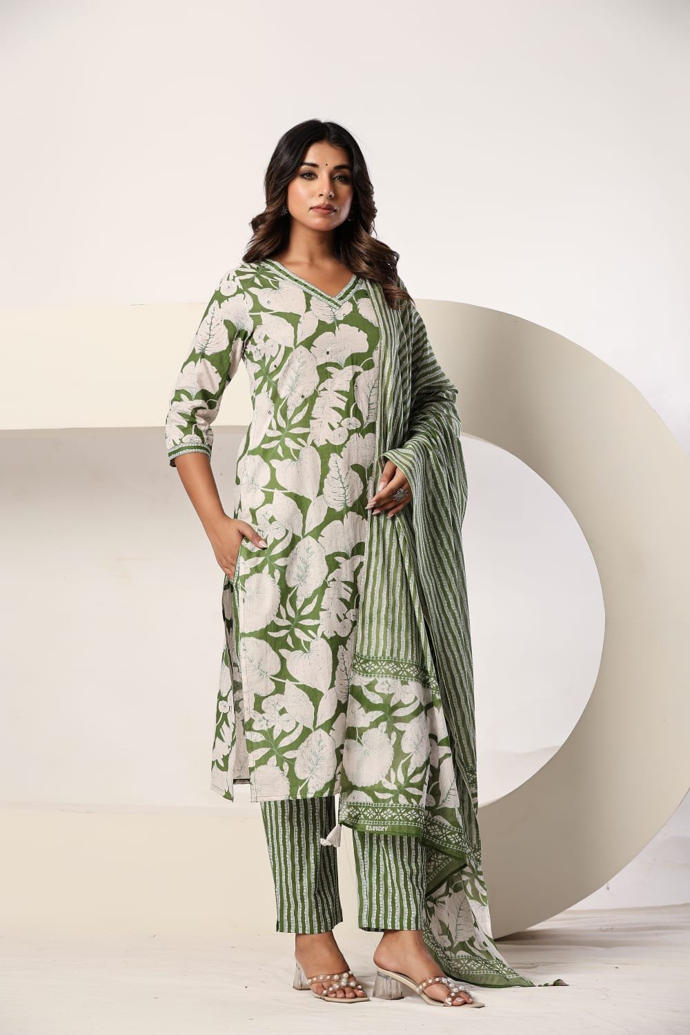Green Floral Printed 3 Piece Kurta Set with Striped Pant & Dupatta view 4