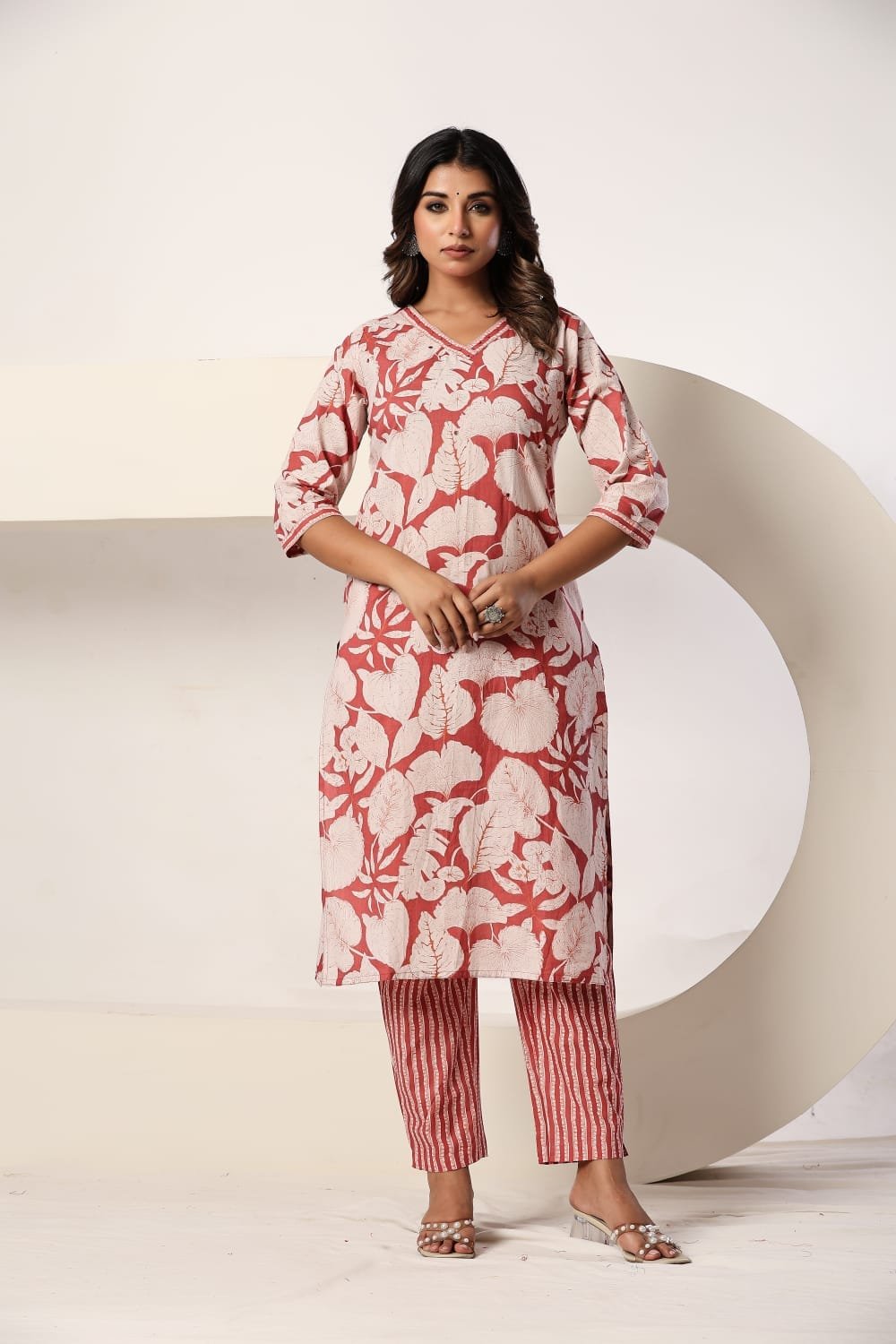 Green Floral Printed 3 Piece Kurta Set with Striped Pant & Dupatta view 5