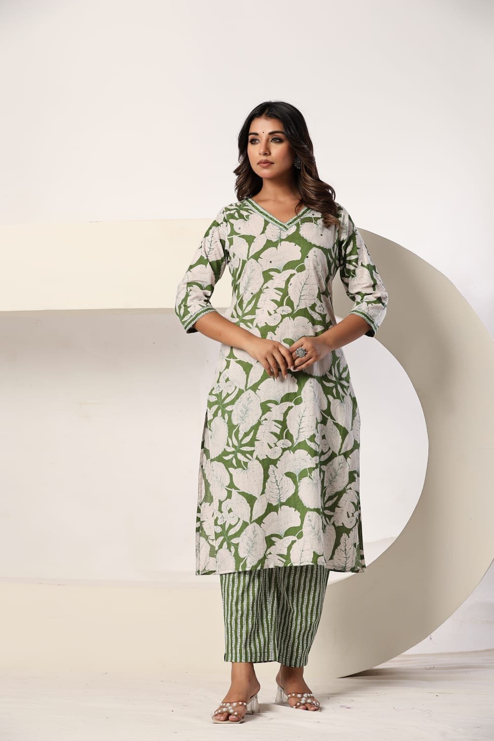Green Floral Printed 3 Piece Kurta Set with Striped Pant & Dupatta view 8