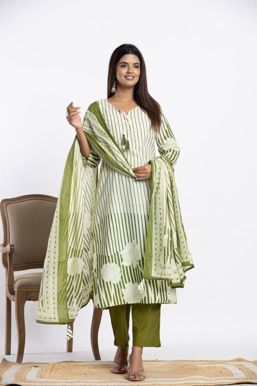 Kurti Shop Women's Pure Cotton Striped Straight Kurta with Trousers/Pants and Printed Dupatta Set