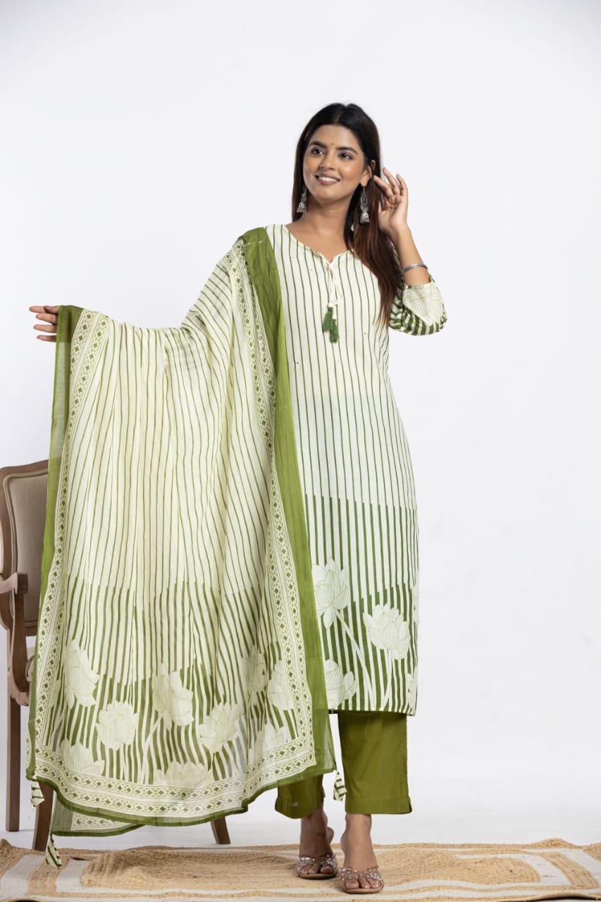 Kurti Shop Women's Pure Cotton Striped Straight Kurta with Trousers/Pants and Printed Dupatta Set view 3