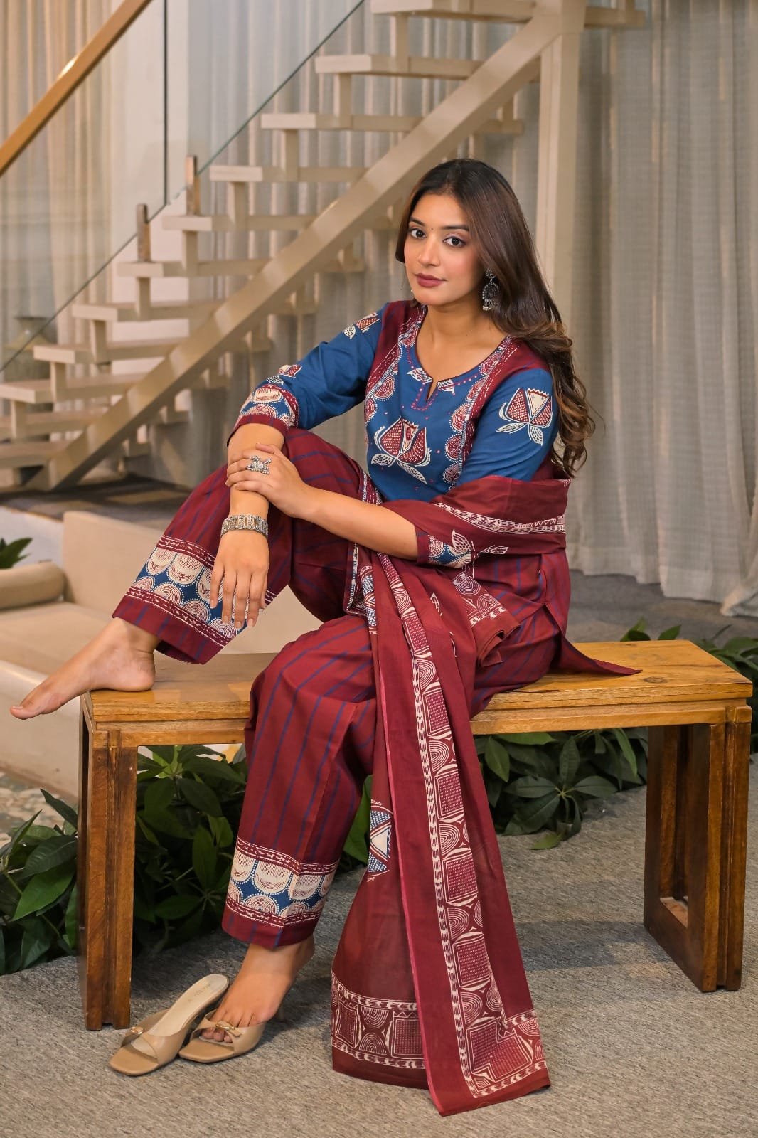 The Khurti Shop Printed Cotton Straight Kurti with Salwar Pants and Dupatta Set view 4