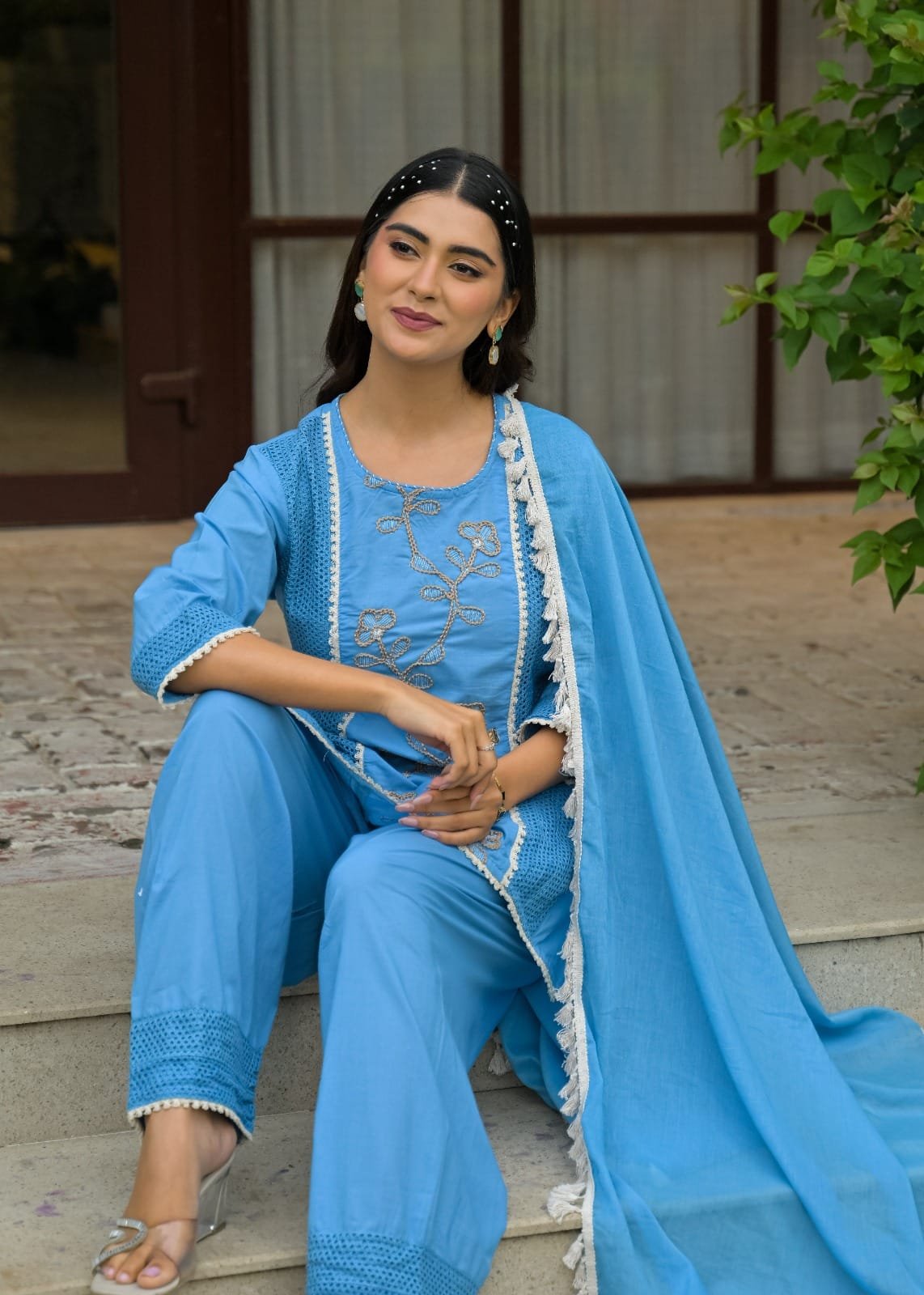 The Khurtis Shop Women Embroidered Cotton Straight Kurta with Trousers & Dupatta 3-Piece view 2