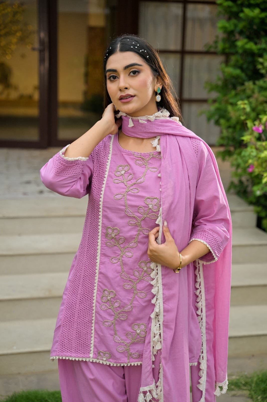 The Khurtis Shop Women Lavish Lavender Embroidered Cotton Kurta with Dupatta Set view 2