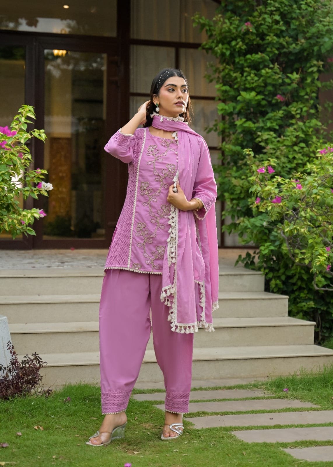 The Khurtis Shop Women Lavish Lavender Embroidered Cotton Kurta with Dupatta Set view 3