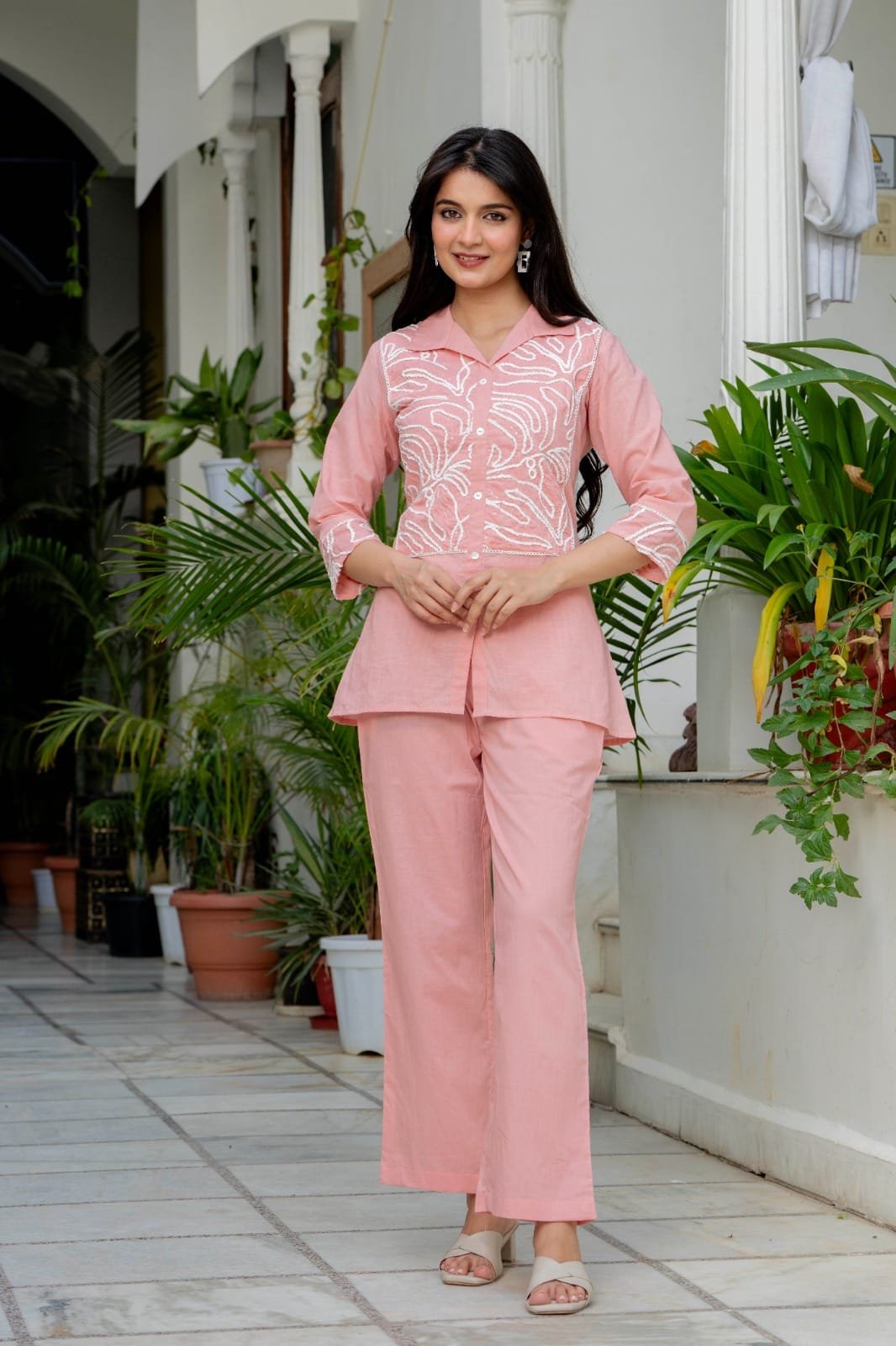 The Kurti Shop Women's Cotton Floral Embroidery Collar Neck Short Top with Straight Pant Co-Ord Set view 3