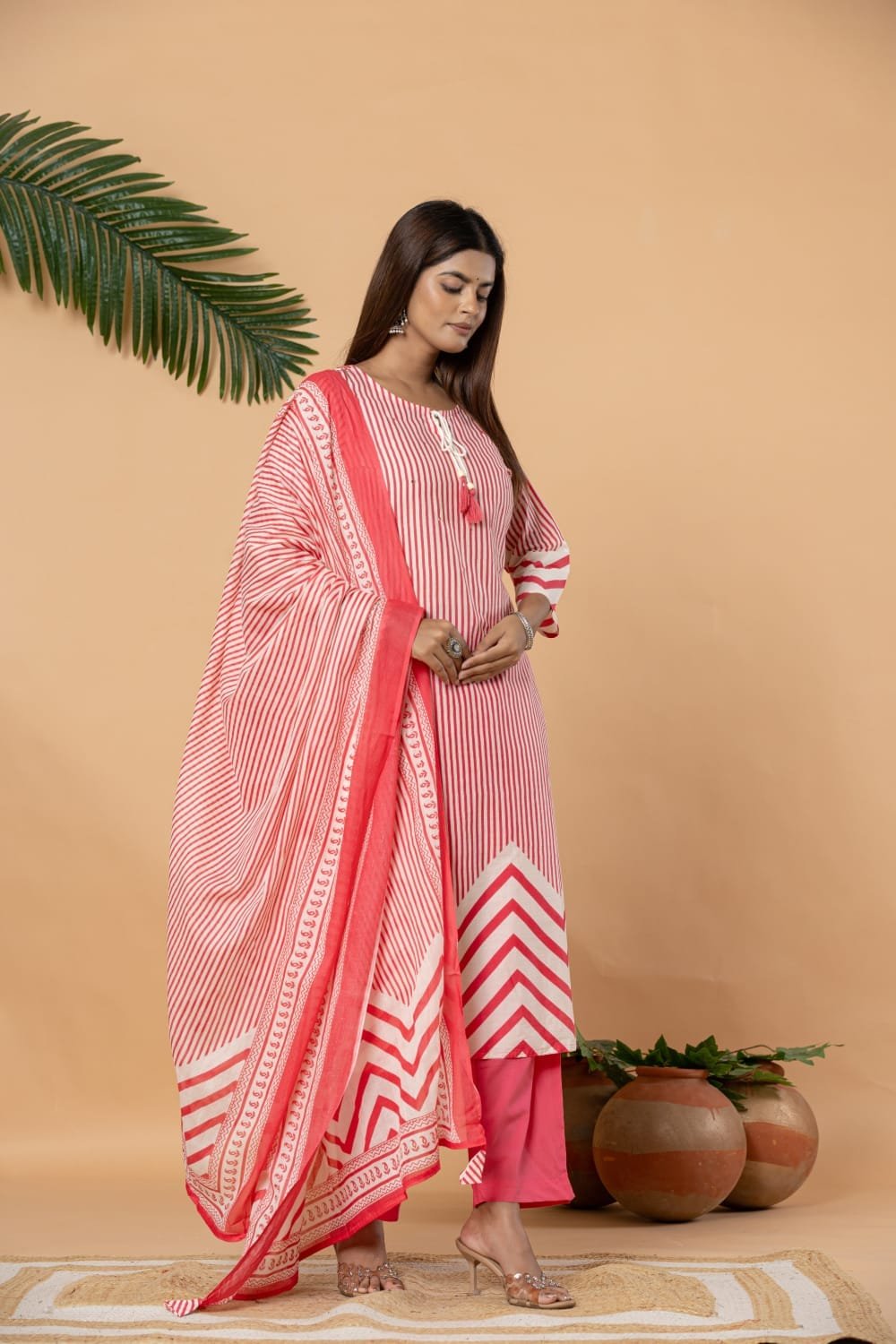 The Kurti Shop Women's Cotton Straight Line Kurti with Elasticated Pant & Dupatta Set for Office, Party & Festive Wear view 5