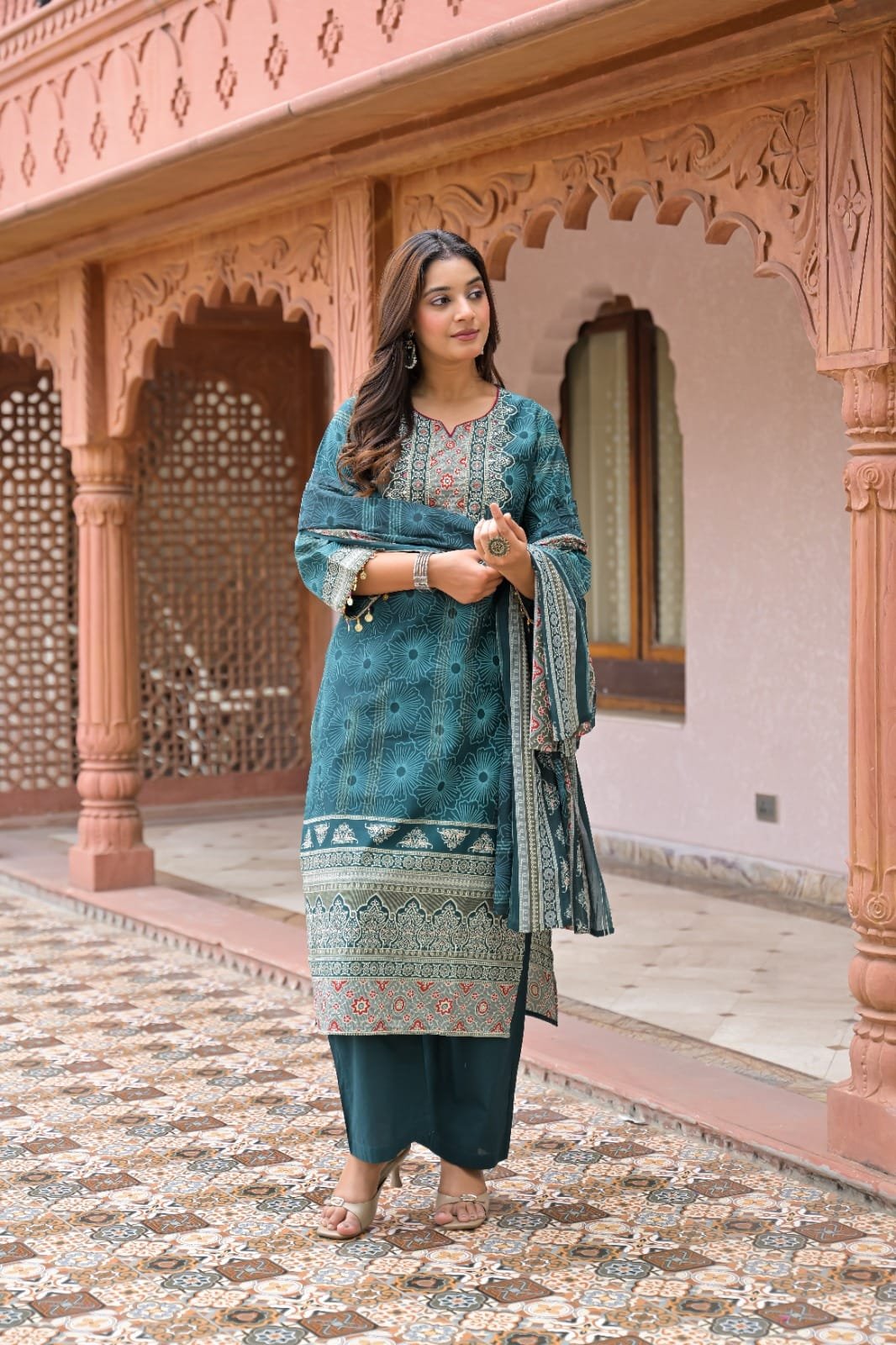 The Kurti Shop Women's Pure Cotton Traditional Printed Straight Kurti Pant with Matching Dupatta Set