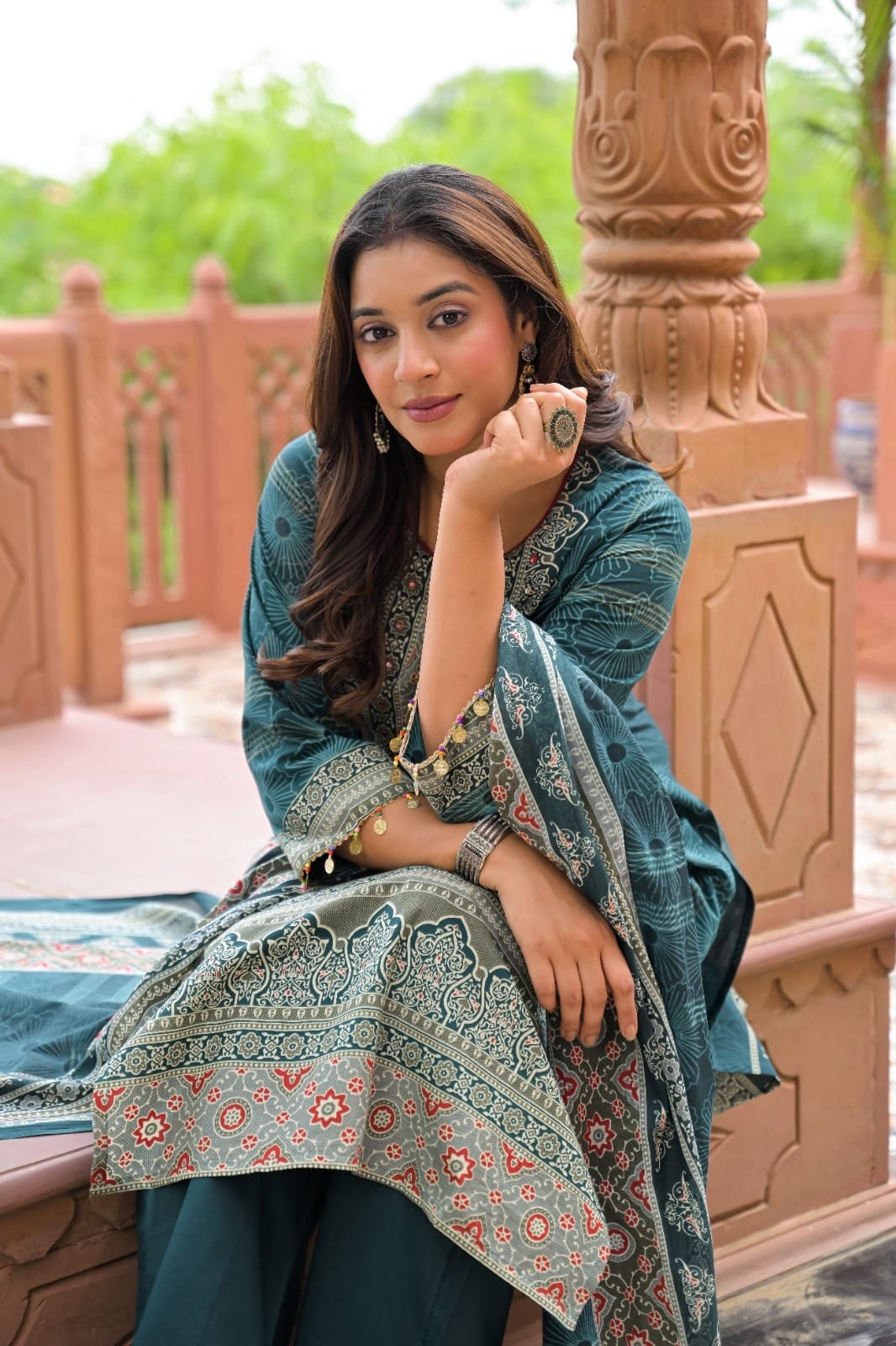 The Kurti Shop Women's Pure Cotton Traditional Printed Straight Kurti Pant with Matching Dupatta Set view 3