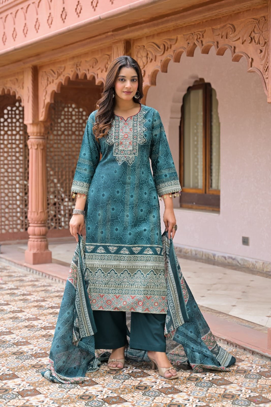 The Kurti Shop Women's Pure Cotton Traditional Printed Straight Kurti Pant with Matching Dupatta Set view 4