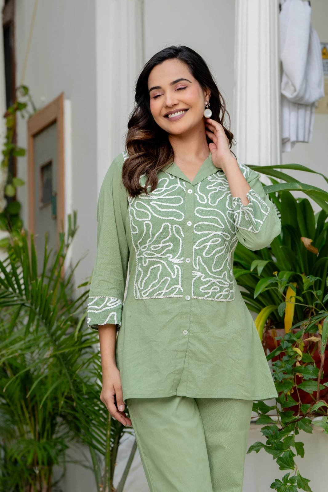 Women Cotton Blend Notch Collar Front Embroidered Tunic Top with Straight Trousers Co-Ord Set view 4