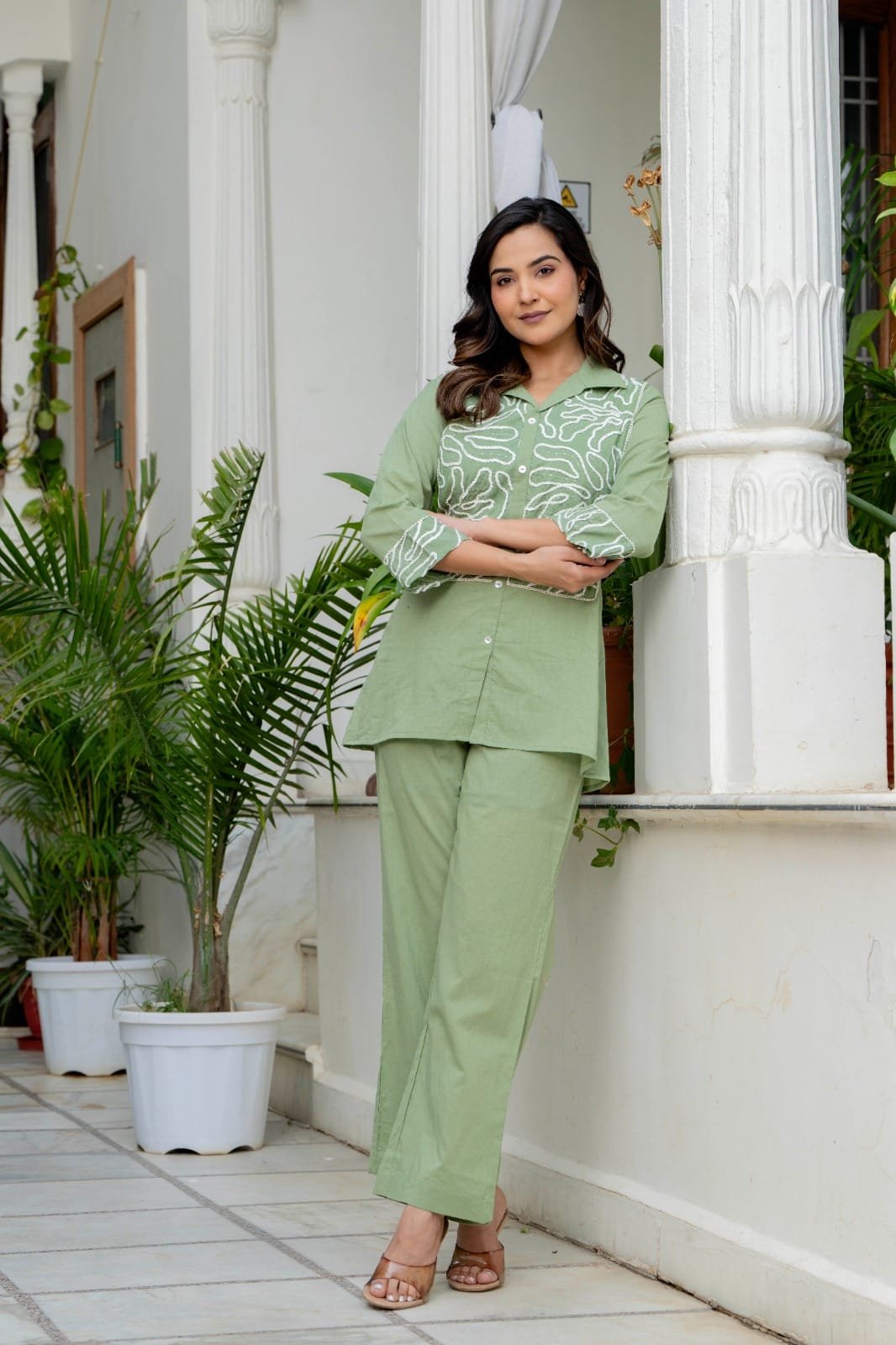 Women Cotton Blend Notch Collar Front Embroidered Tunic Top with Straight Trousers Co-Ord Set view 8