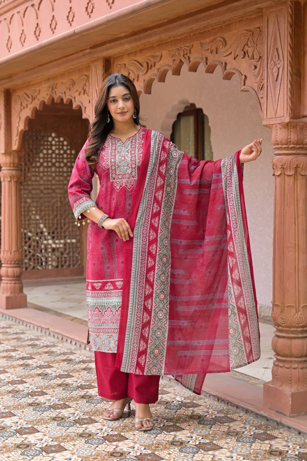 Women Premium Cotton Ethnic Printed Straight Kurta Set with Pants and Dupatta | The Kurti Shop
