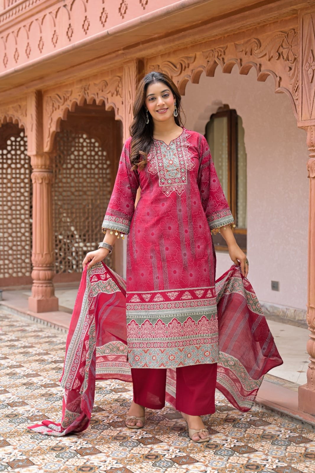 Women Premium Cotton Ethnic Printed Straight Kurta Set with Pants and Dupatta | The Kurti Shop view 3