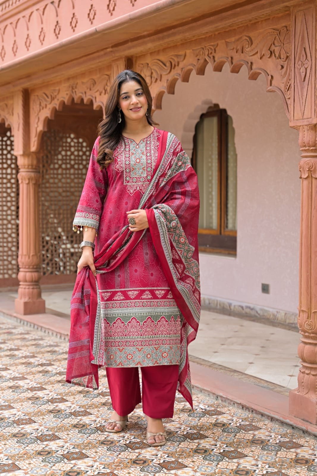 Women Premium Cotton Ethnic Printed Straight Kurta Set with Pants and Dupatta | The Kurti Shop view 4