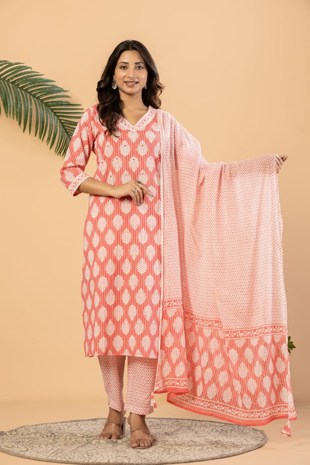 Women Pure Cotton Leaf Printed Straight Kurta Set with Pants and Dupatta | The Kurti Shop