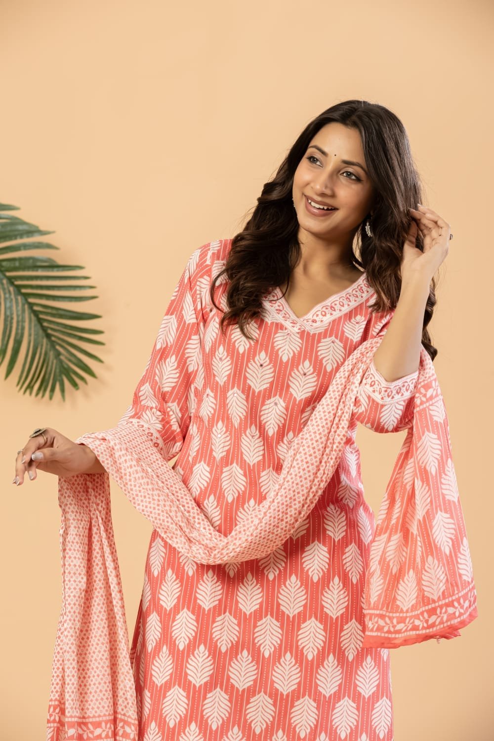 Women Pure Cotton Leaf Printed Straight Kurta Set with Pants and Dupatta | The Kurti Shop view 7