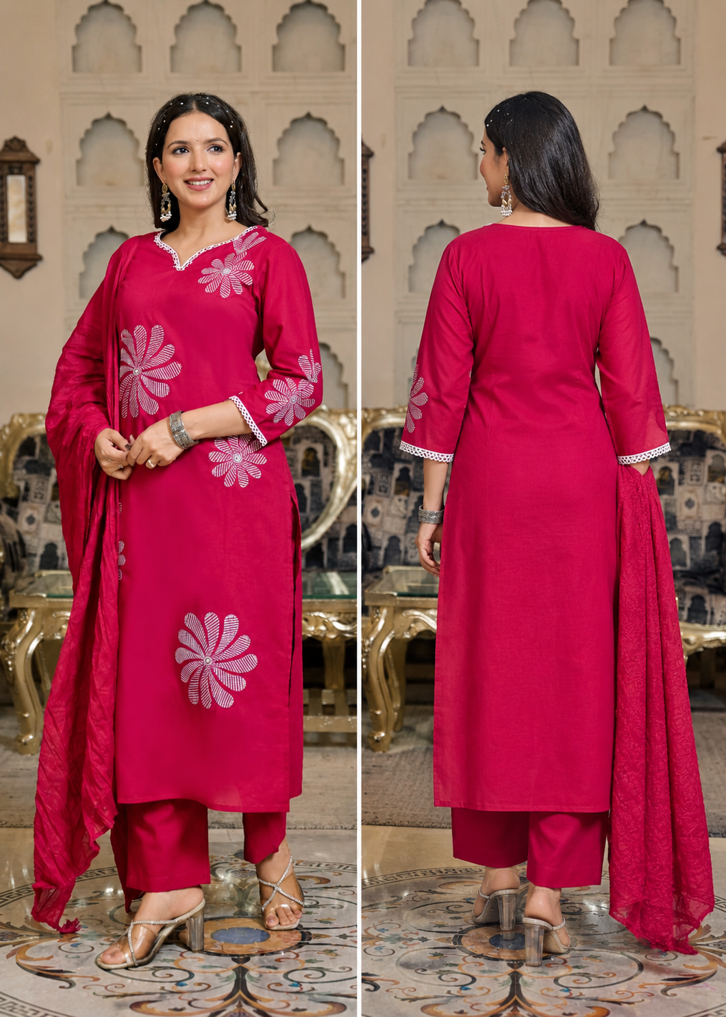Women’s Orange Pink Floral Embroidered Kurta Pant Dupatta Set