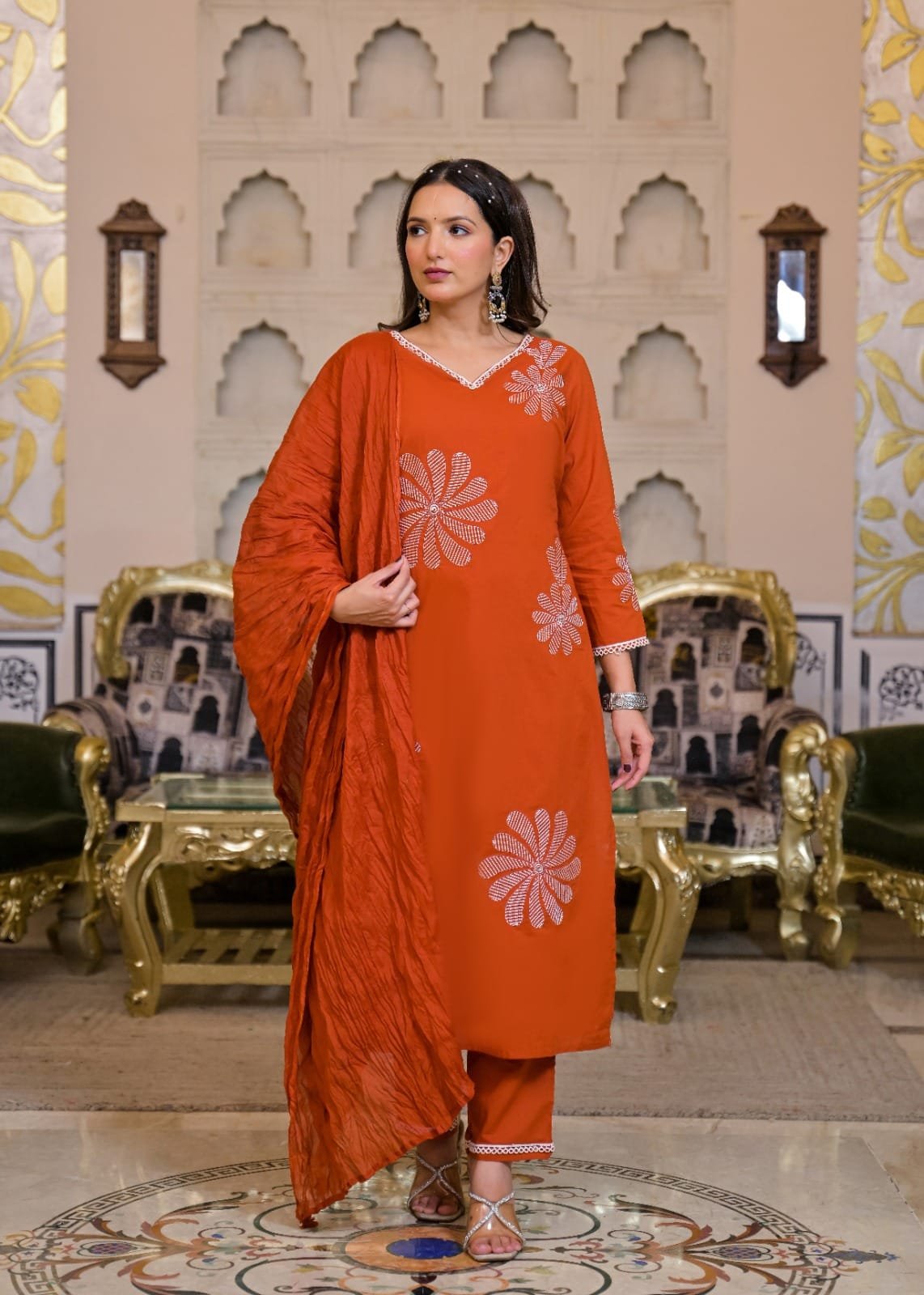 Women’s Orange Pink Floral Embroidered Kurta Pant Dupatta Set view 6