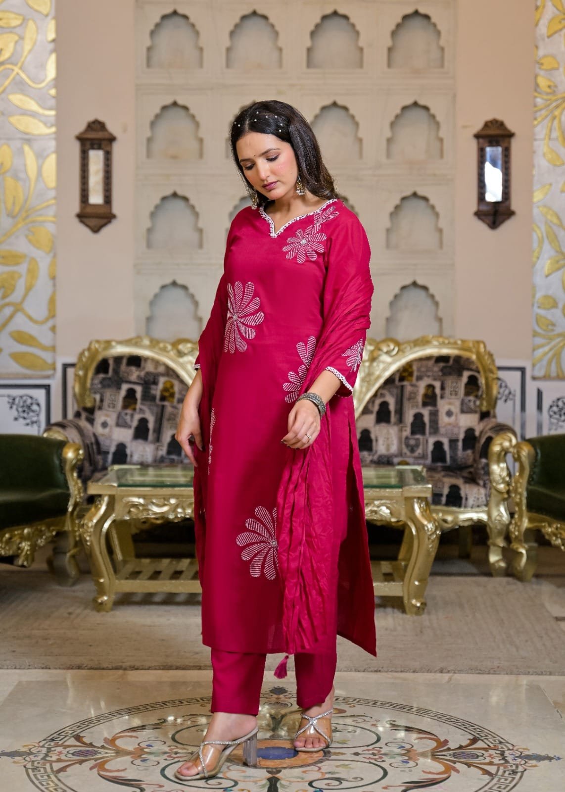 Women’s Orange Pink Floral Embroidered Kurta Pant Dupatta Set view 7