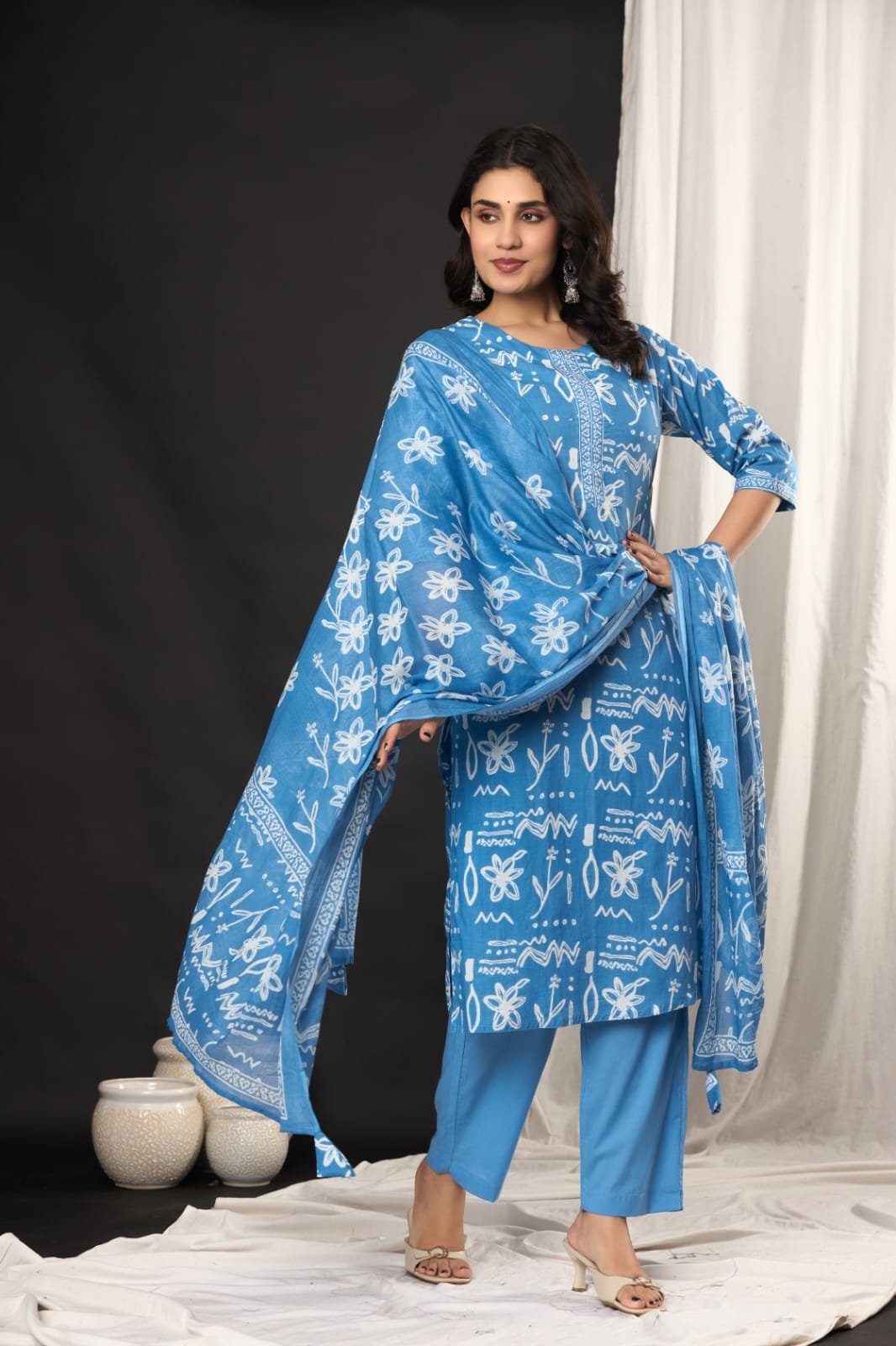 Women's Ethnic Floral Block Print Straight Kurti Set with Pants & Printed Dupatta | Stylish Traditional 3-Piece Festive Suit by The Kurti Shop