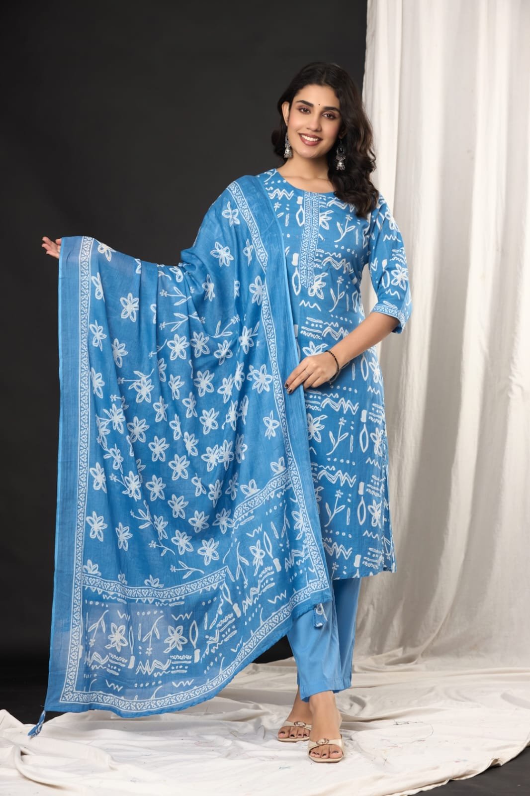 Women's Ethnic Floral Block Print Straight Kurti Set with Pants & Printed Dupatta | Stylish Traditional 3-Piece Festive Suit by The Kurti Shop view 2