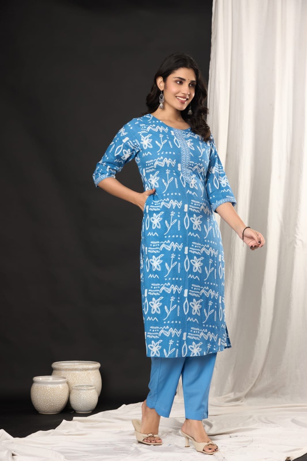 Women's Ethnic Floral Block Print Straight Kurti Set with Pants & Printed Dupatta | Stylish Traditional 3-Piece Festive Suit by The Kurti Shop view 4