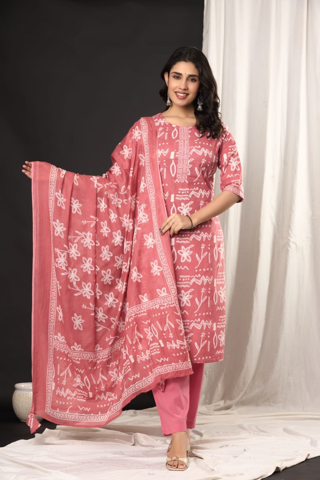 Women's Ethnic Floral Print Straight Kurti Set with Tailored Pants & Printed Dupatta | Traditional 3-Piece Suit Set by The Kurti Shop view 3