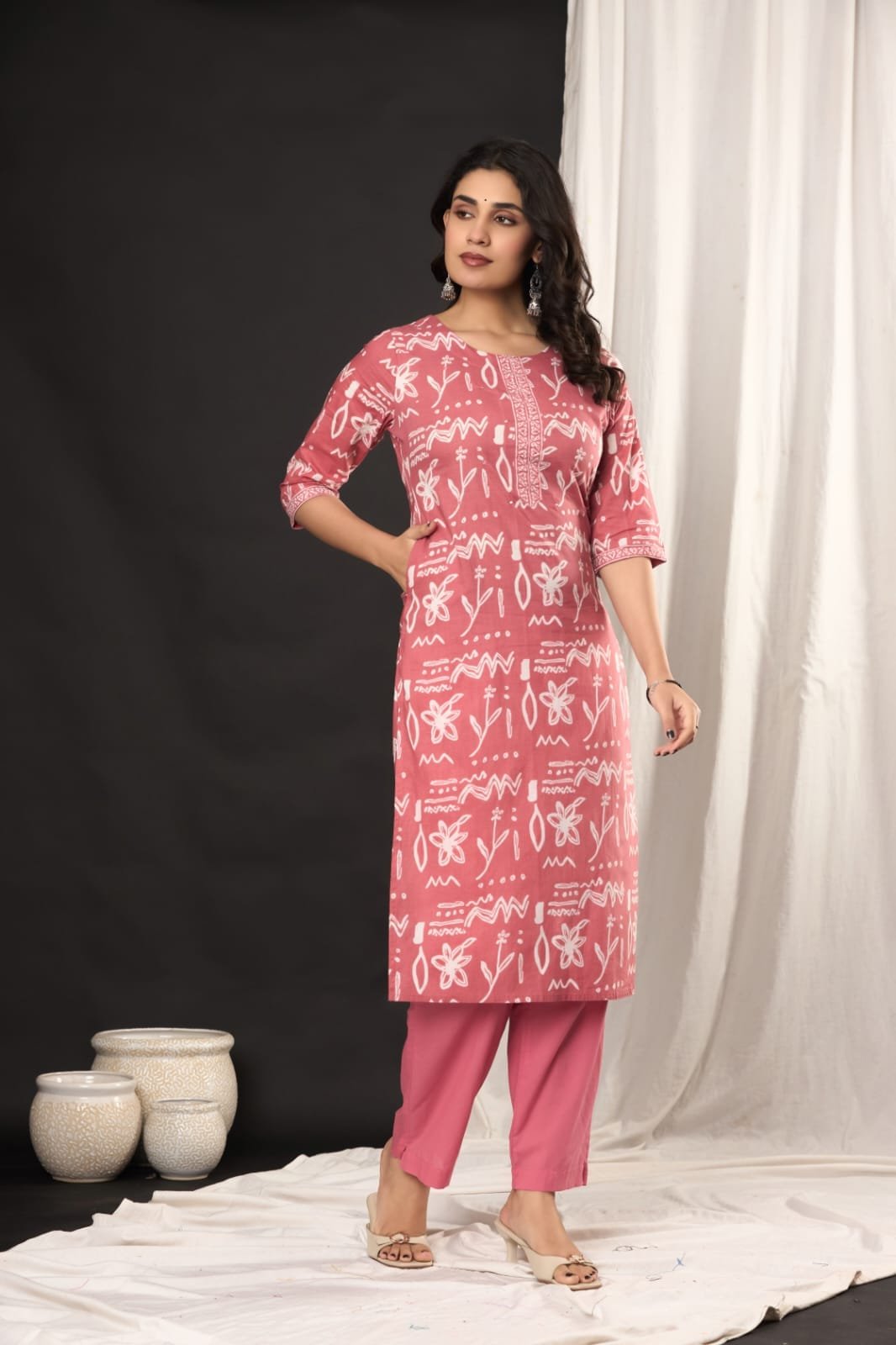 Women's Ethnic Floral Print Straight Kurti Set with Tailored Pants & Printed Dupatta | Traditional 3-Piece Suit Set by The Kurti Shop view 4