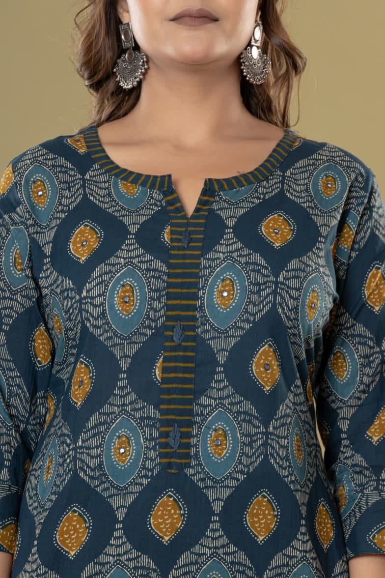 Women's Ethnic Geometric Block Print Straight Kurti Set with Striped Trousers & Printed Dupatta | Traditional 3-Piece Suit by The Kurti Shop view 2