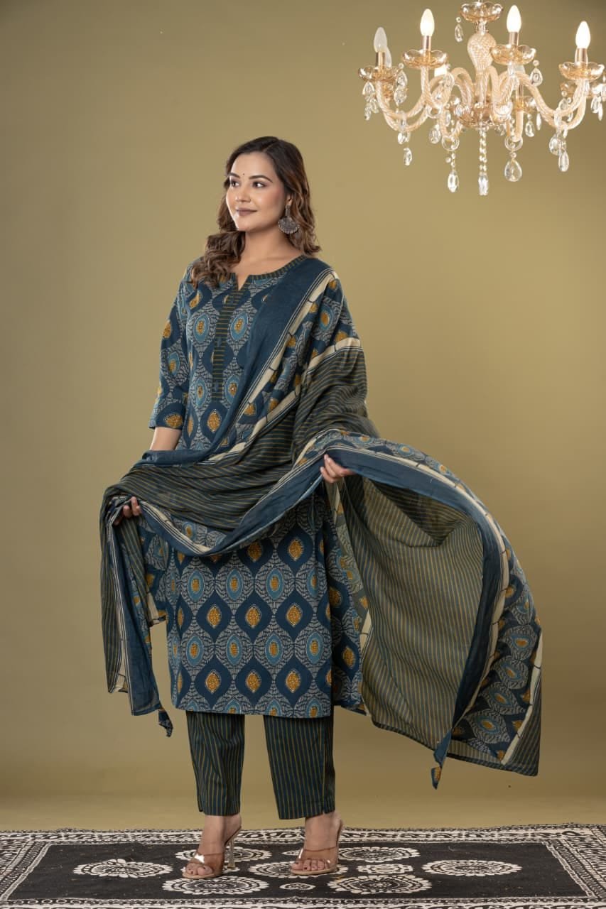 Women's Ethnic Geometric Block Print Straight Kurti Set with Striped Trousers & Printed Dupatta | Traditional 3-Piece Suit by The Kurti Shop view 3