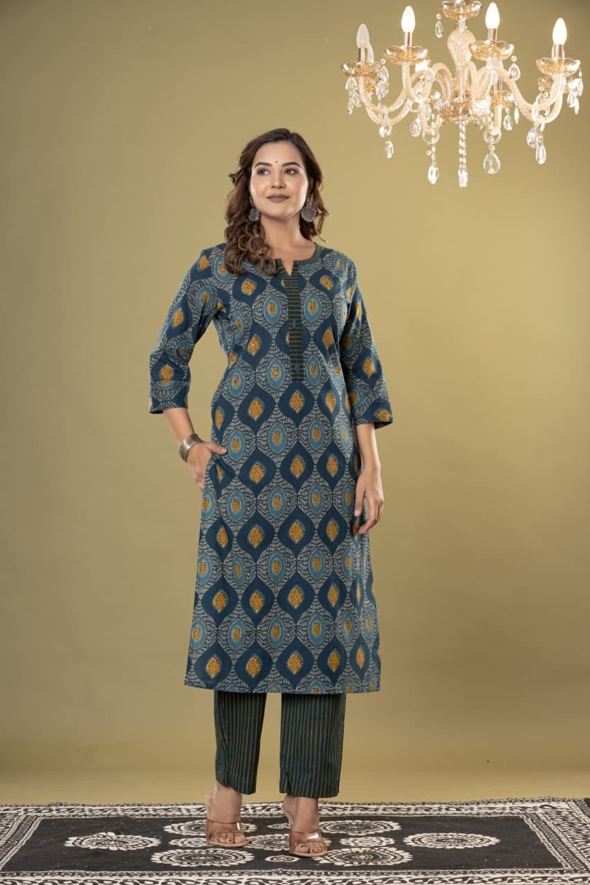 Women's Ethnic Geometric Block Print Straight Kurti Set with Striped Trousers & Printed Dupatta | Traditional 3-Piece Suit by The Kurti Shop view 7