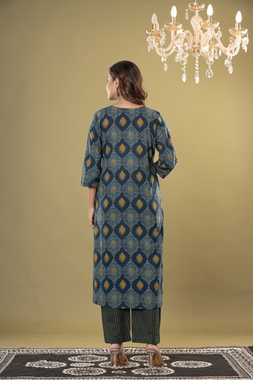 Women's Ethnic Geometric Block Print Straight Kurti Set with Striped Trousers & Printed Dupatta | Traditional 3-Piece Suit by The Kurti Shop view 8