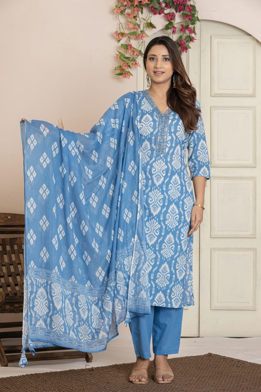 Women's Ethnic Printed Straight Kurti with Trousers & Dupatta Set | Traditional Festive & Casual Suit Set by The Kurti Shop