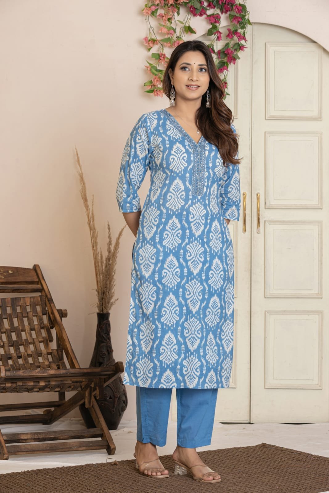 Women's Ethnic Printed Straight Kurti with Trousers & Dupatta Set | Traditional Festive & Casual Suit Set by The Kurti Shop view 4