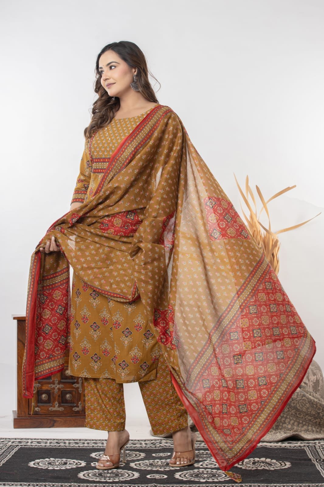 Women's Ethnic Printed Straight Kurti with Trousers & Dupatta Set | Traditional Festive & Casual Suit Set by The Kurti Shop