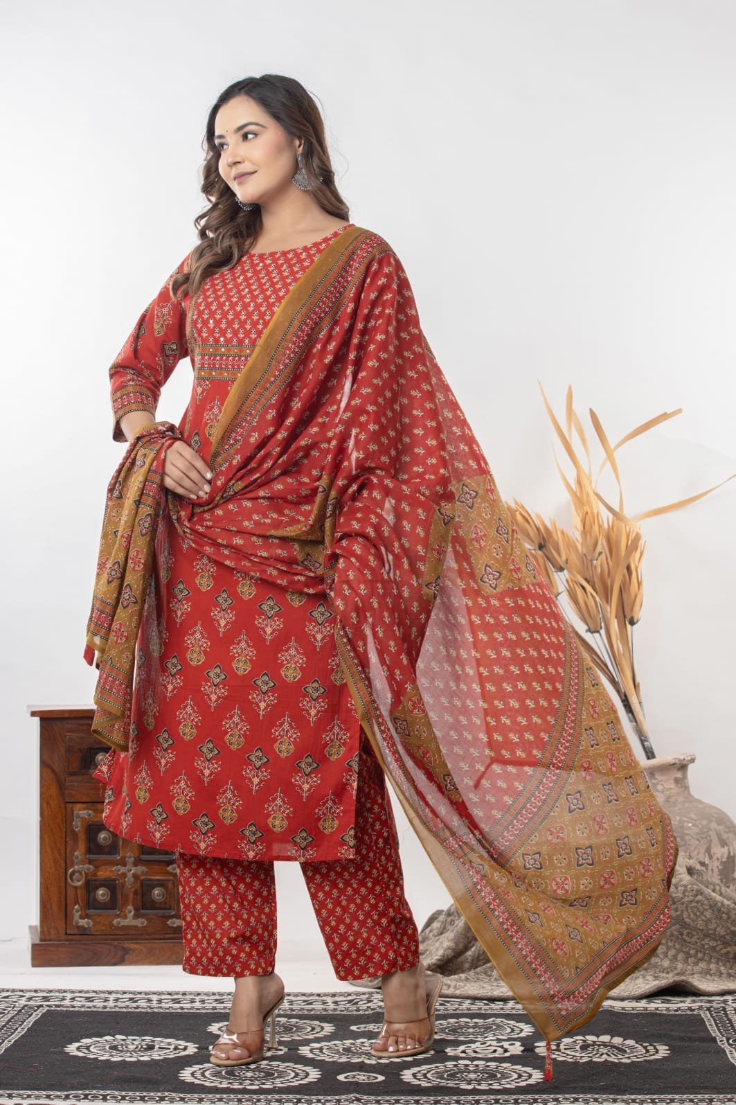 Women's Ethnic Printed Straight Kurti with Trousers & Dupatta Set | Traditional Festive & Casual Suit Set by The Kurti Shop view 2