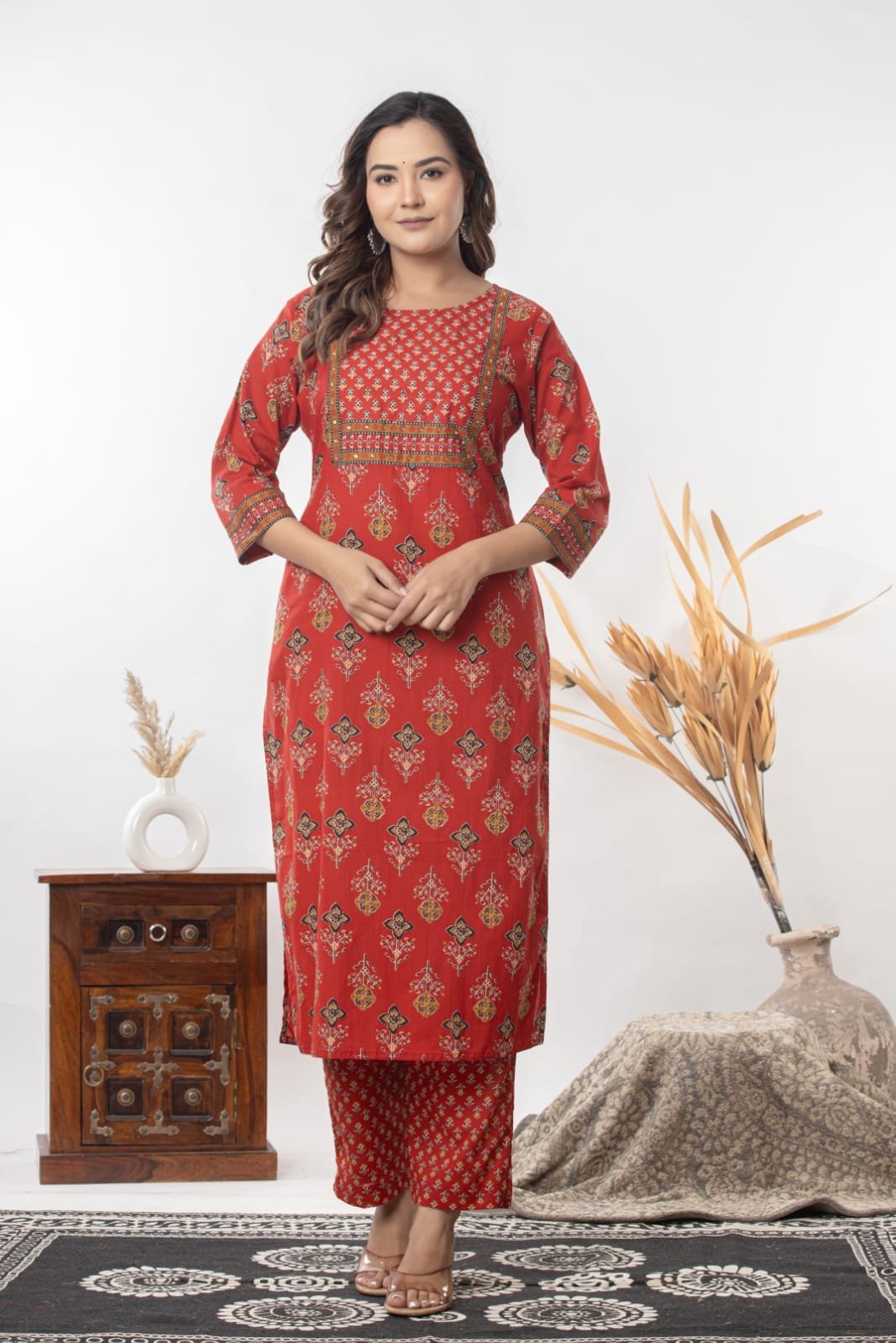 Women's Ethnic Printed Straight Kurti with Trousers & Dupatta Set | Traditional Festive & Casual Suit Set by The Kurti Shop view 3