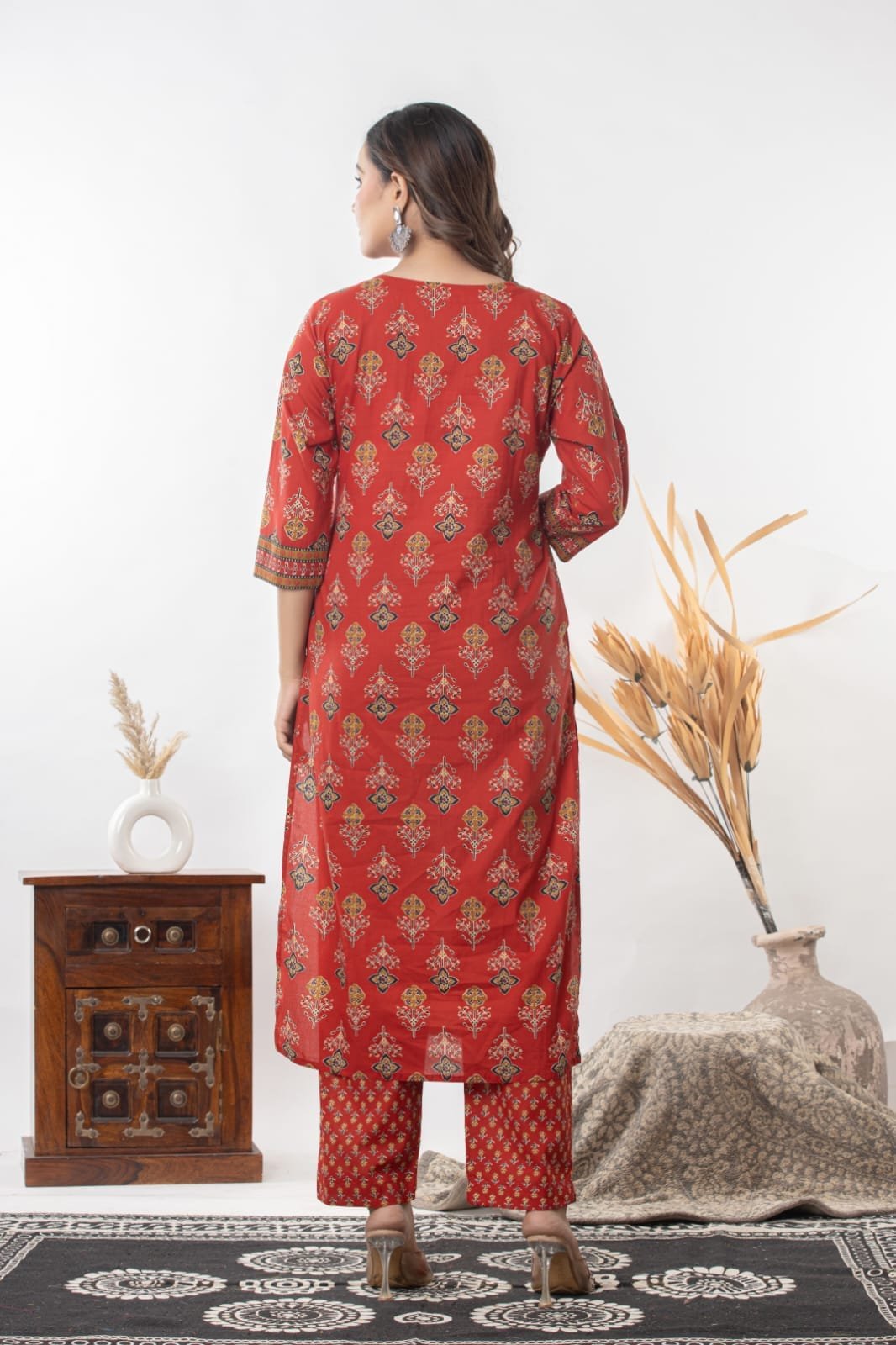 Women's Ethnic Printed Straight Kurti with Trousers & Dupatta Set | Traditional Festive & Casual Suit Set by The Kurti Shop view 4