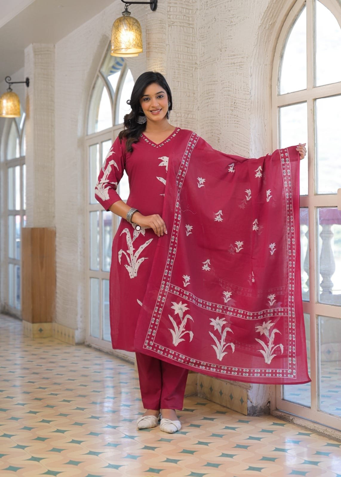 Women's Pure Cotton Floral Printed Straight Kurti with Pant and Dupatta Set | 3-Piece Ethnic Suit