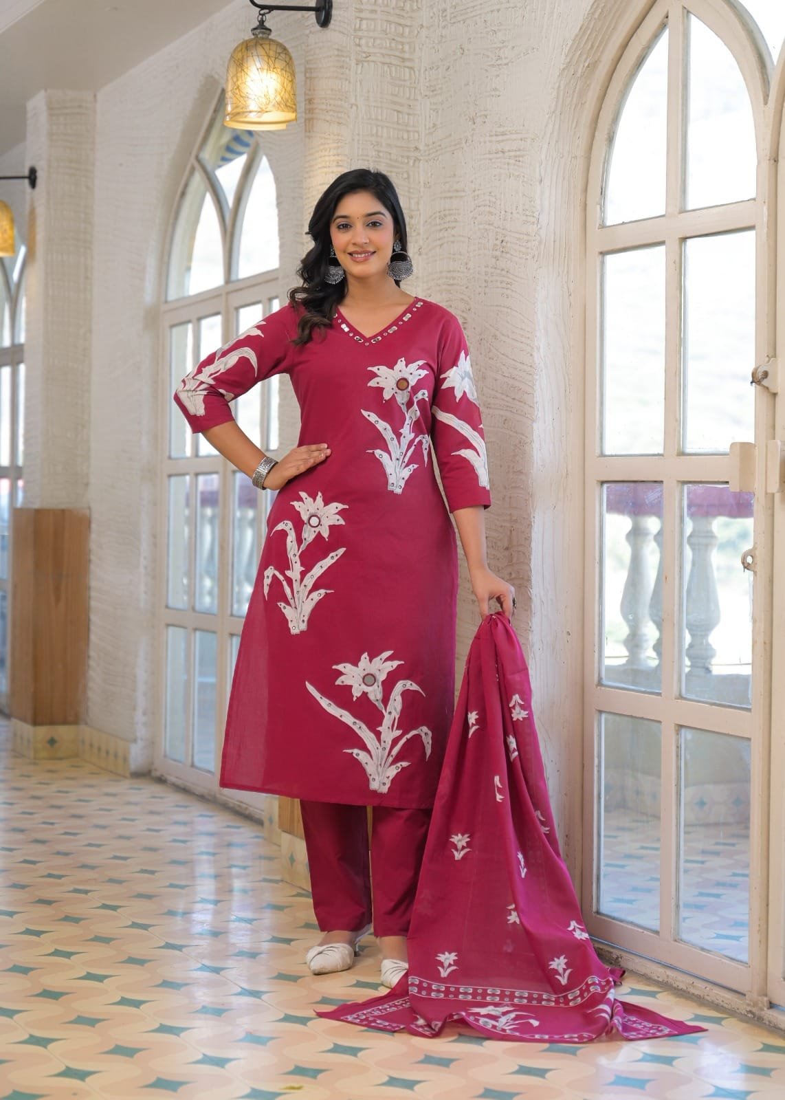 Women's Pure Cotton Floral Printed Straight Kurti with Pant and Dupatta Set | 3-Piece Ethnic Suit view 5