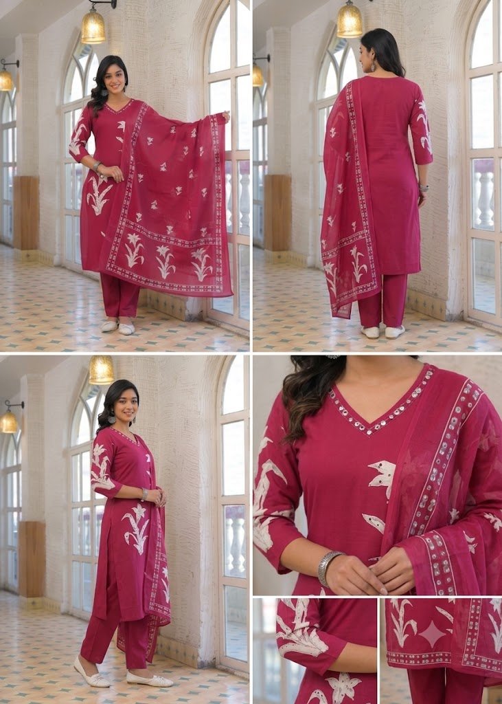 Women's Pure Cotton Floral Printed Straight Kurti with Pant and Dupatta Set | 3-Piece Ethnic Suit view 6
