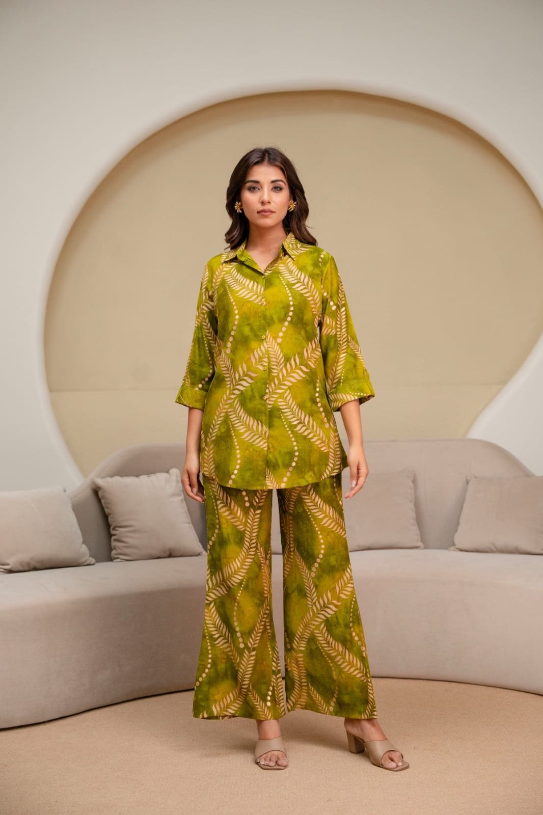 Women's Pure Cotton Leaf Printed Shirt Collar Kurti with Matching Trouser Pant Co-Ord Set