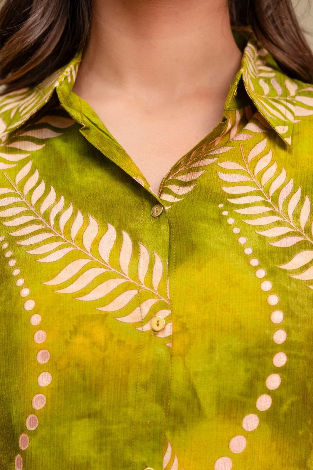 Women's Pure Cotton Leaf Printed Shirt Collar Kurti with Matching Trouser Pant Co-Ord Set view 3
